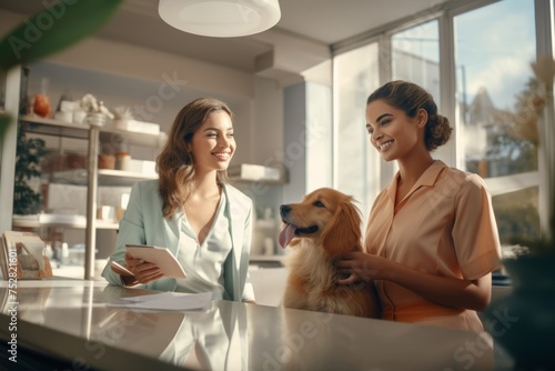 Two women and a dog at a modern reception desk