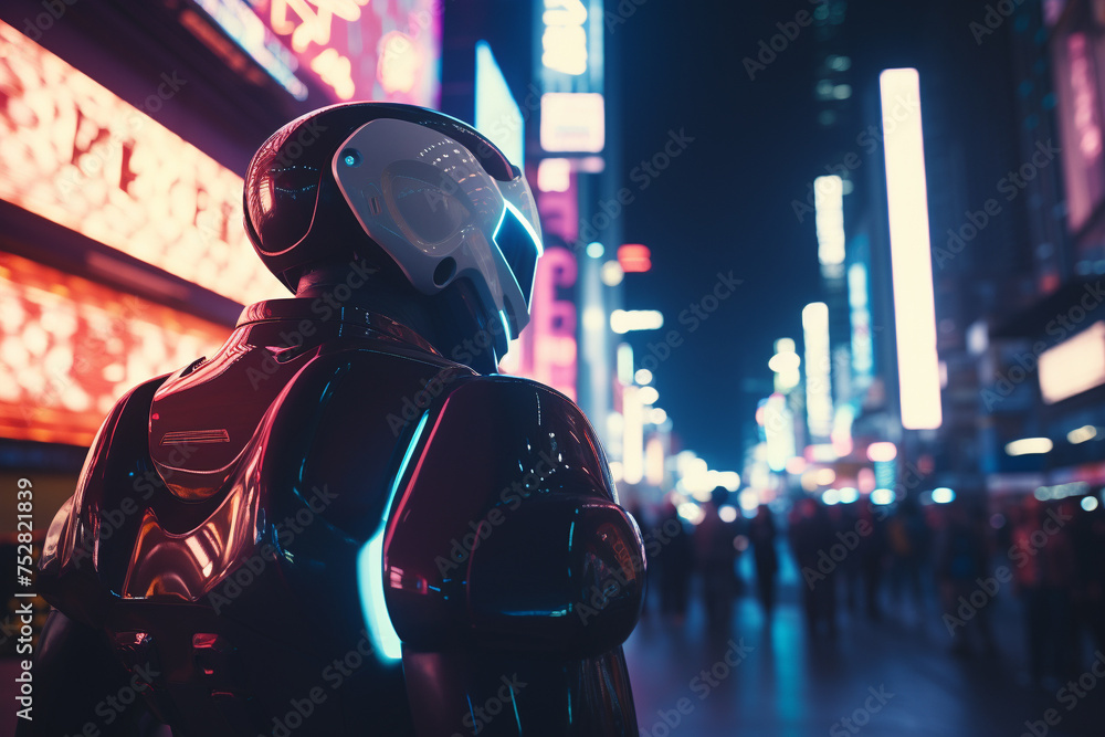 A robot is standing in a city street at night. The robot is wearing a helmet and a jacket. The street is lit up with neon signs and the robot is surrounded by people. Scene is futuristic and urban A robot is standing in a city street at night. The robot is wearing a helmet and a jacket. The street is lit up with neon signs and the robot is surrounded by people. Scene is futuristic and urban