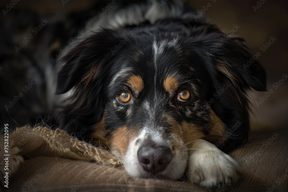 Portrait of an Australian Shepherd looking at the camera with its head resting on its paw.
