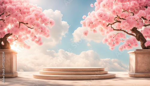 A beige stone oval podium decorated with pink sakura branches among airy clouds, soft pastel colors heavenly sunshine beams divine bright soft focus holy in the clouds