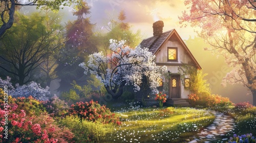 A quaint cottage nestles amid an enchanted garden with a profusion of spring flowers, bathed in a mystical morning light.