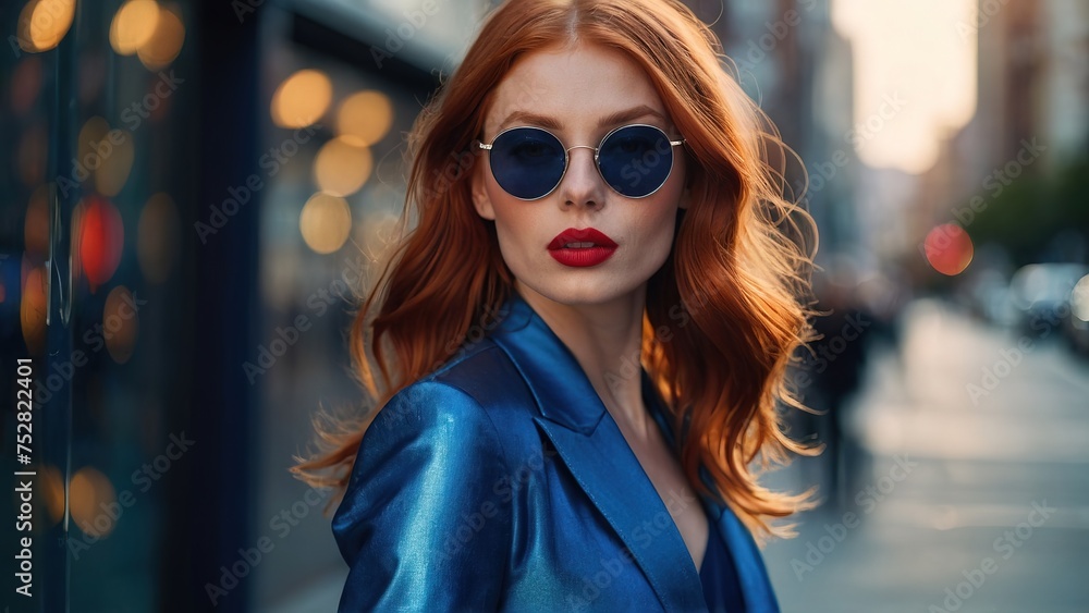 Model redhead girl in a metallic blue suit on a city street, straight hair, sunglasses Model redhead girl in a metallic blue suit on a city street, straight hair, sunglasses
