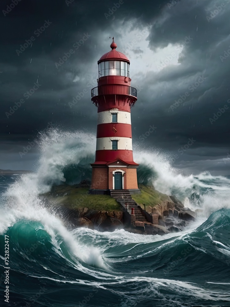Guiding light in the tempest: red lighthouse amongst raging waves. Generated AI.