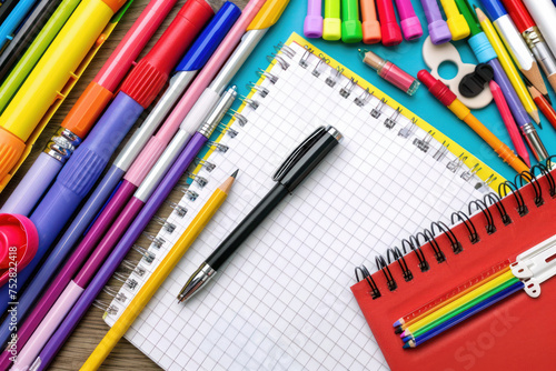 Assorted colorful stationery on a desk.