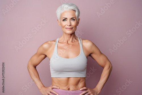Portrait of fit elderly woman with short grey hair with muscular arms and sport top in front of pastel pink studio background