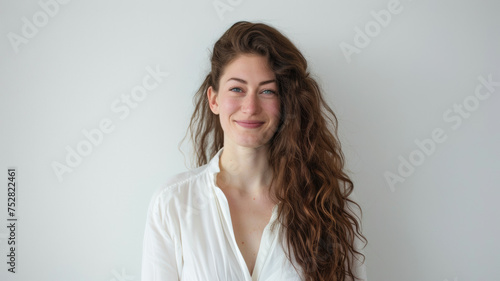 Portrait of a young woman with a subtle smile and wavy hair against a clean white backdrop.