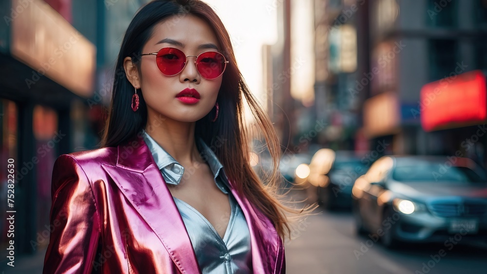 Model asian girl in a metallic pink suit on a city street, straight hair, sunglasses Model asian girl in a metallic pink suit on a city street, straight hair, sunglasses