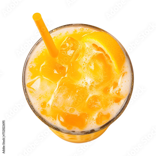 Orange juice with ice cubes in glass top view isolated on transparent background Remove png, Clipping Path, pen tool