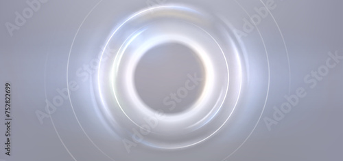White round light effect on gray background. Vector realistic illustration of abstract glowing frame with neon rings, magic energy portal with hole at bottom, sun eclipse, futuristic backdrop design photo