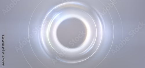 White round light effect on gray background. Vector realistic illustration of abstract glowing frame with neon rings, magic energy portal with hole at bottom, sun eclipse, futuristic backdrop design
