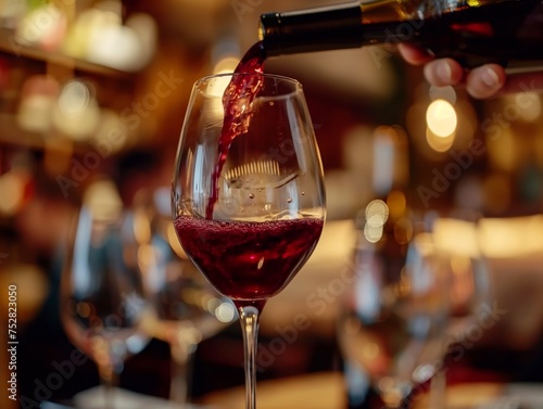 Red wine flows into a glass with a blurred restaurant background, capturing a moment of elegance and relaxation