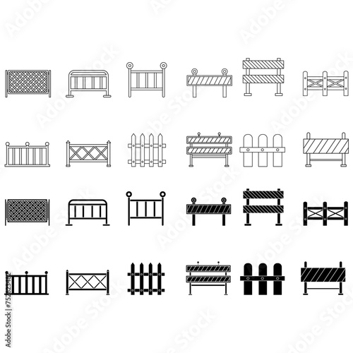 Fence flat line icon set. Wood fencing, metal profiled sheet, wire mesh, crowd control barricades vector illustrations.