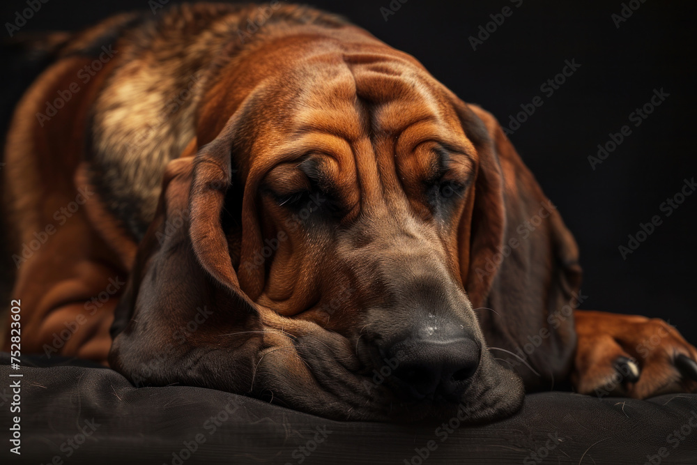 A brown Bloodhound with droopy ears and wrinkled skin lying down. The background is dark. A brown Bloodhound with droopy ears and wrinkled skin lying down. The background is dark.