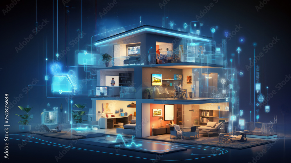 3D rendering of a modern smart house on a dark blue background with digital diagrams