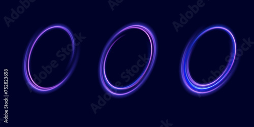 Pink neon ovals or circles for swirl shiny rings light effect. Glow luminous glitter shimmer trail. Curve light effect of purple line. Blurred spiral ring. Bokeh effect. Vector illustration.