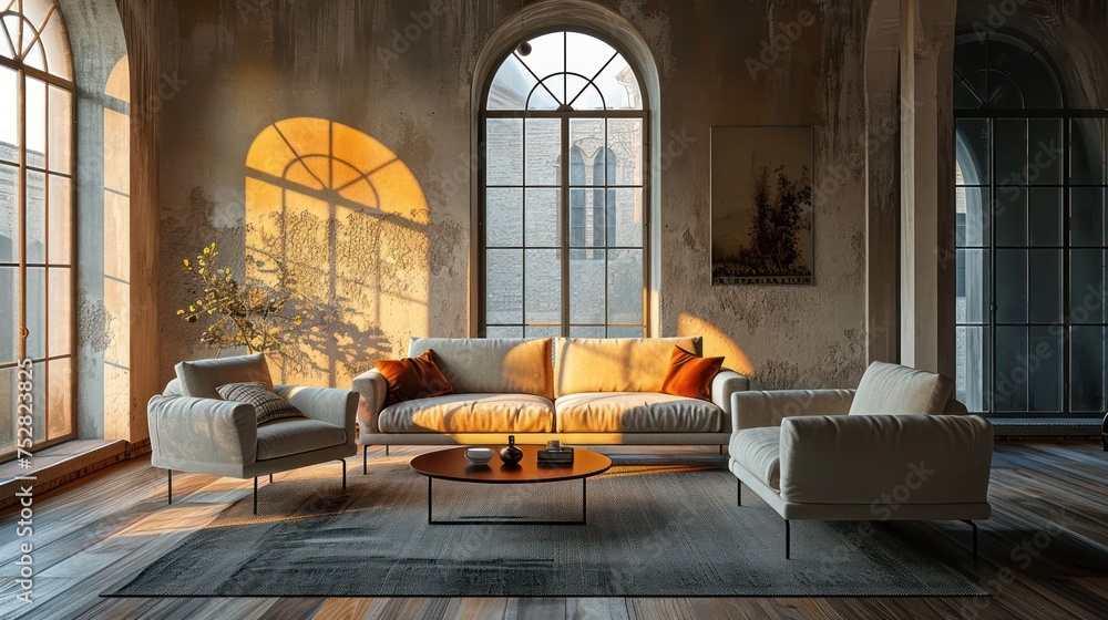 the minimalistic beauty of a sleek sofa set with the gentle radiance of natural daylight, providing a fresh and airy atmosphere the minimalistic beauty of a sleek sofa set with the gentle radiance of natural daylight, providing a fresh and airy atmosphere
