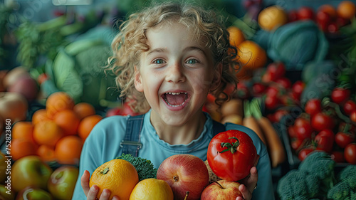 Joyful child holding fresh fruits and vegetable colorful with blurred and bokeh background