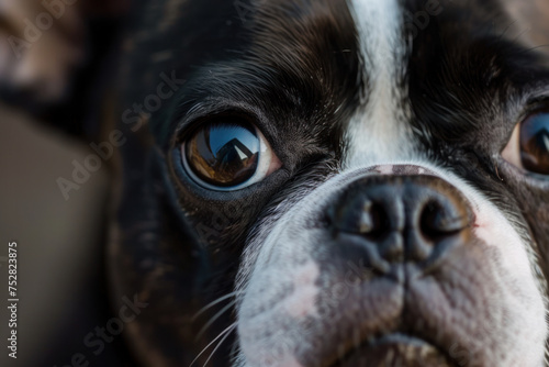 A close-up portrait capturing the endearing expression and distinctive features of a Boston Terrier, showcasing its playful and affectionate nature.