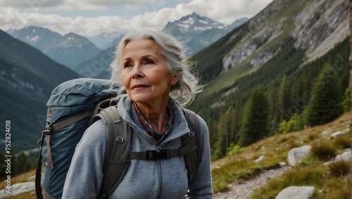 senior woman hiking with a backpack