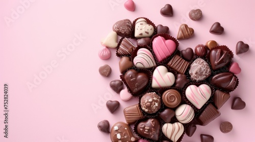 Beautiful Red Chocolate Hearts Candies on Pink Background St Valentine Day Background Dessert