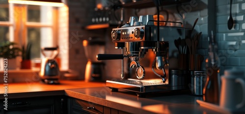 Modern coffee machine pouring milk into glass cup on countertop in kitchen