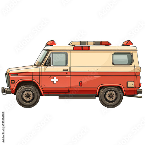 Classic beige and red ambulance van with emergency lights. Vintage medical transport illustration isolated on transparent background. Healthcare assistance and emergency services concept for design