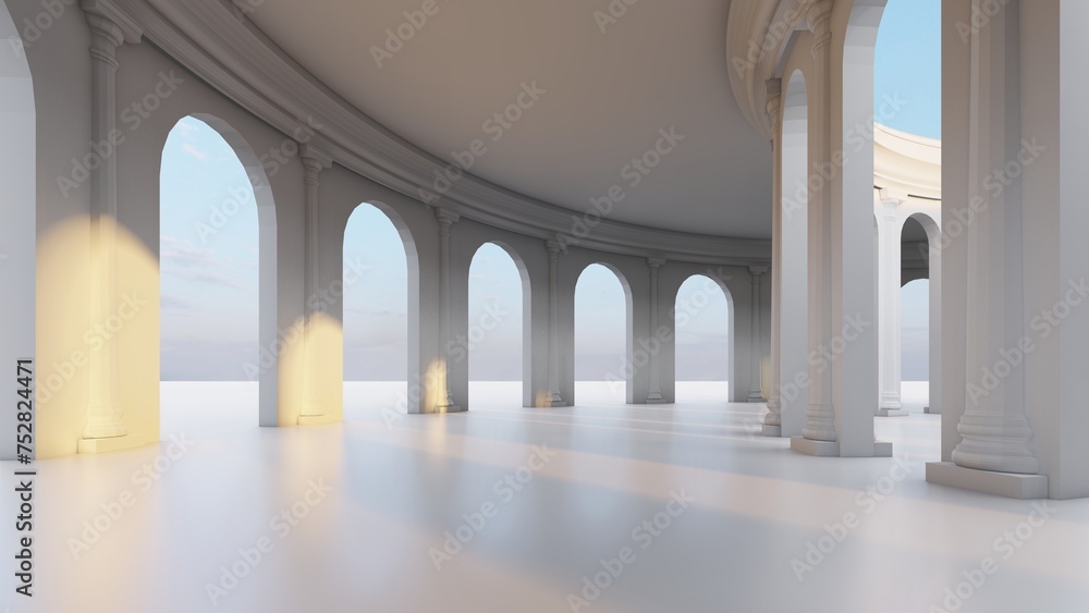 Classic semicircular interior with columns 3d render