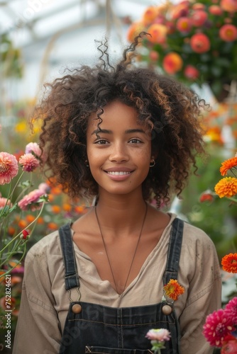 Portrait of a young African American woman among flowers, florist, seller or buyer in a flower shop