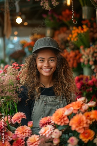 Happy and friendly young African American woman among flowers, florist, seller or buyer in a flower shop