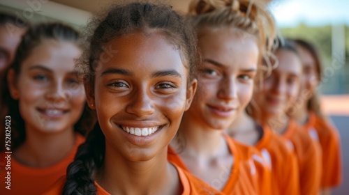 Focused on a girl with a radiant smile, this group portrait of a girls volleyball team in orange captures the essence of teamwork and youthful exuberance
