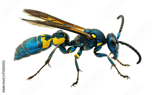 Blue Mud Dauber Wasp in Intricate Motion On Transparent Background.