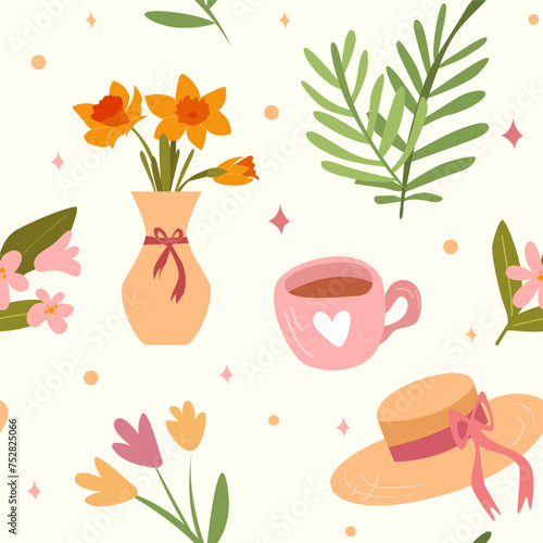 Spring Seamless Pattern with Sun Hat, Cup of Tea or Coffee, Spring Bouquet, Decor Florals, Daffodil Flowers. Vector illustration.
