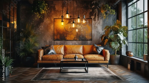 trendy leather sofa set bathed in the warm glow of industrial pendant lights  creating an urban and stylish living area