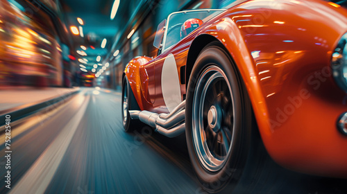 an Orange Classic racing cars are driving on urban streets. blur in motion © Bangmunce