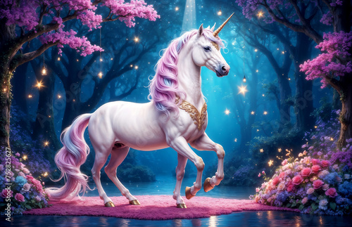 Enchanting White Unicorn with Pink Mane and Tail 