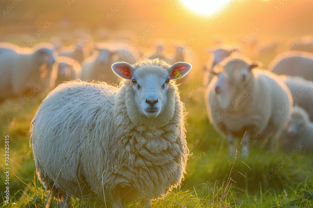 Obraz premium Golden Sunrise over Flock of Sheep in a Peaceful Pasture