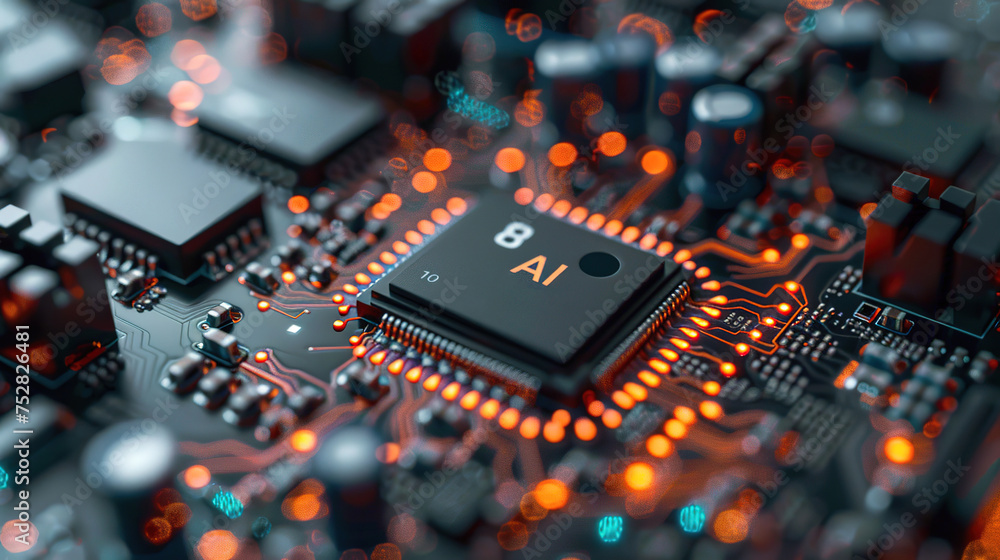 Close-up of a computer's AI (Artificial Intelligence) CPU processor installed on the circuit board with bright orange lighting. AI technology concept Close-up of a computer's AI (Artificial Intelligence) CPU processor installed on the circuit board with bright orange lighting. AI technology concept