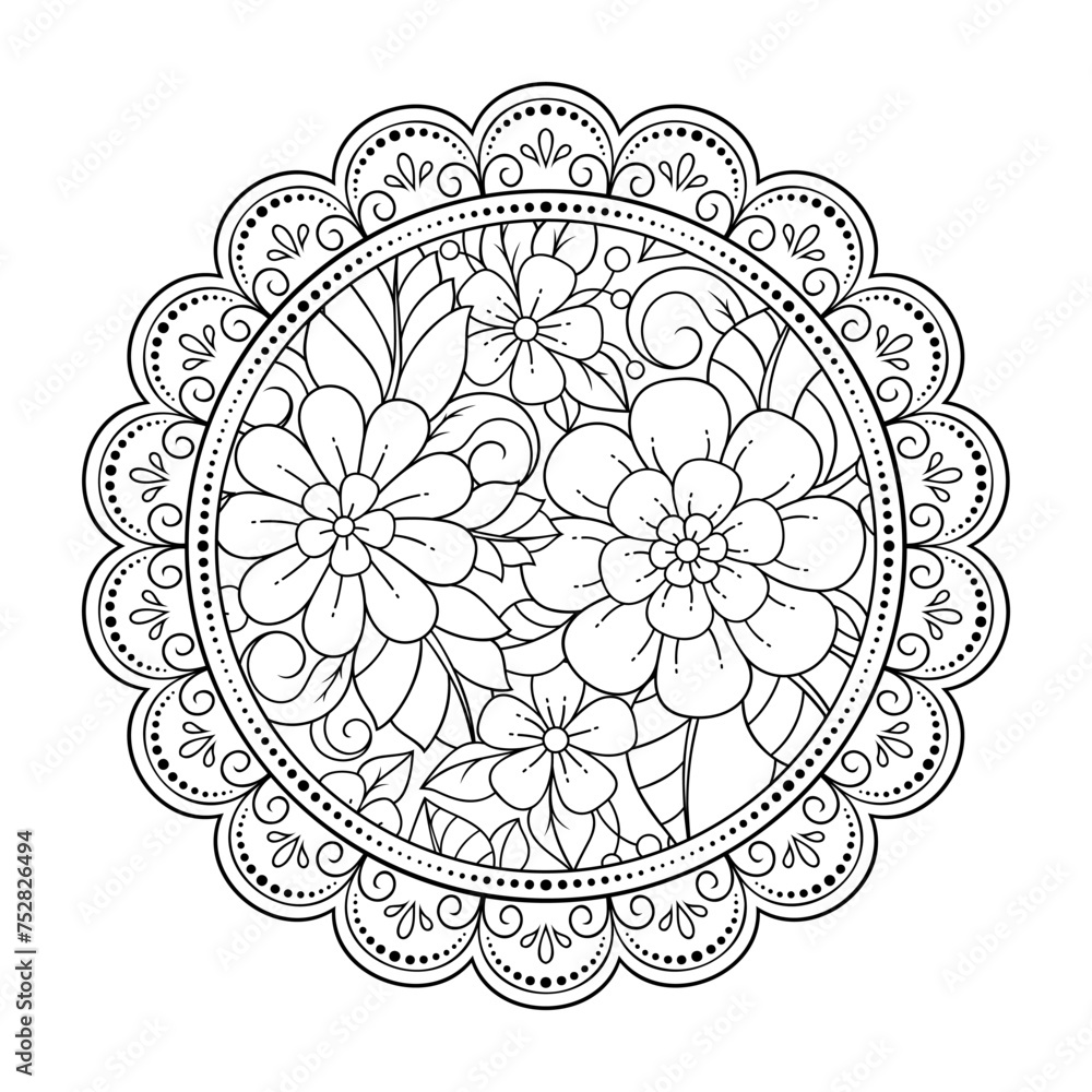 Outline round flower pattern in mehndi style for coloring book page ...