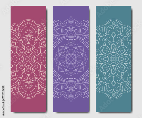 Set of design yoga mats. Lotus floral pattern, mandala in oriental style for decoration sport equipment. Colorful ethnic Indian ornaments for spiritual serenity. Decor of card, poster, print.