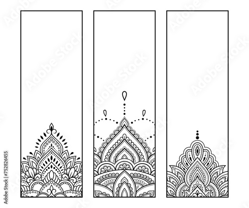 Printable bookmark for book - coloring. Set of black and white labels with flower patterns, hand draw in mehndi style. Sketch of ornaments for creativity of children and adults with colored pencils.