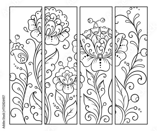 Printable bookmark for book - coloring. Set of black and white labels with flower patterns, hand draw in mehndi style. Sketch of ornaments for creativity of children and adults with colored pencils.