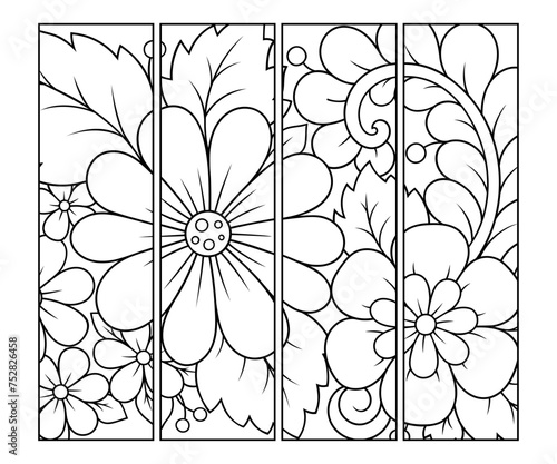 Printable bookmark for book - coloring. Set of black and white labels with flower patterns, hand draw in mehndi style. Sketch of ornaments for creativity of children and adults with colored pencils.