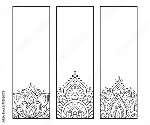 Printable bookmark for book - coloring. Set of black and white labels with flower patterns, hand draw in mehndi style. Sketch of ornaments for creativity of children and adults with colored pencils.