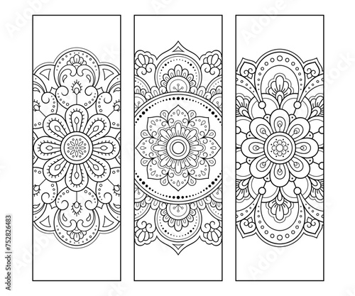 Printable bookmark for book - coloring. Set of black and white labels with flower patterns, hand draw in mehndi style. Sketch of ornaments for creativity of children and adults with colored pencils.