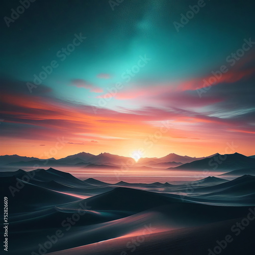 Foggy mountain landscape at sunrise. Colorful illustration.