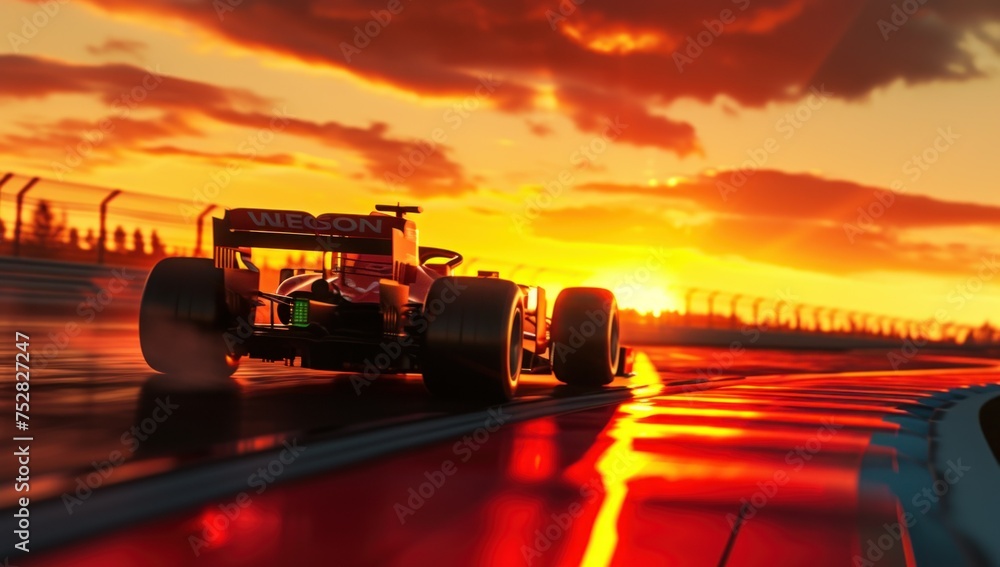 Fototapeta premium Formula one car go fast at the raceway during sunset