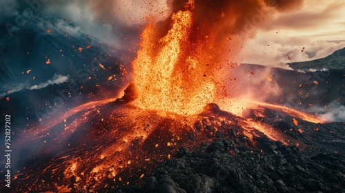 Burning hot lava splashing in volcano crater in overcast evening