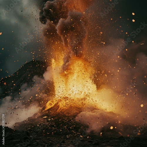 Burning hot lava splashing in volcano crater in overcast evening