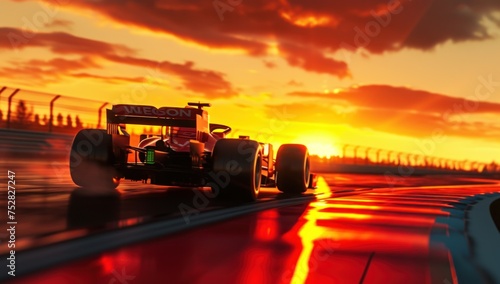 Formula one car go fast at the raceway during sunset photo