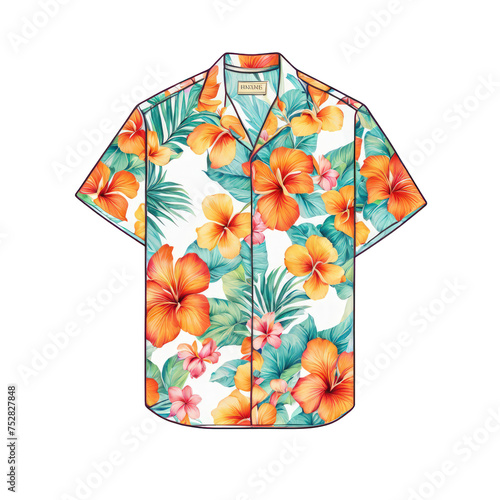 Vintage inspired hawaiian style shirt with tropical floral print, watercolor illustration, fashion clothing clipart photo